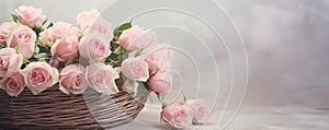 Pink roses basket or rose background, wedding banner