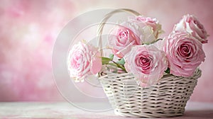 Pink Roses Basket on Table, Floral Arrangement With Blooming Flowers