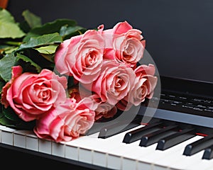 Pink roses bouquet on digital piano keys