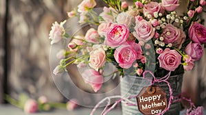 Pink Roses Bouquet with Happy Mother's Day Tag