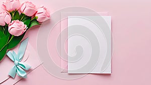 Pink roses bouquet, letter envelop and blank white paper page sheet mock-up. Flowers design template in elegant pastel colors.