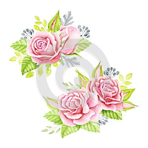 Pink roses bouquet. Watercolor illustration. Cute vintage style wreath, border, frame.