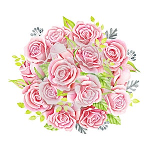 Pink roses bouquet. Watercolor illustration. Cute vintage style wreath, border, frame.