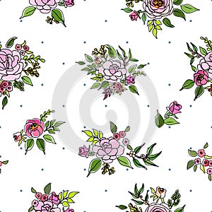 Pink roses bouquets black outline and unfit colored cartoon illustration with tiny blue dots white background.