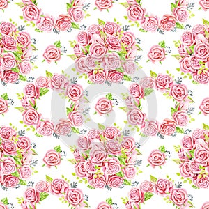 Pink roses bouquets. Watercolor illustration. Seamless pattern design paper.