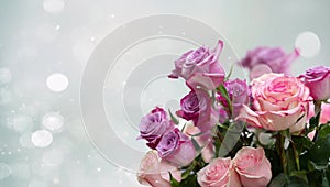 Pink roses on bright bokeh background with sunlight