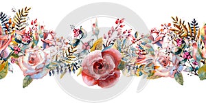 Pink roses, buds, leaves. Repeating summer horizontal border. Floral watercolor. Watercolor compositions for the design of