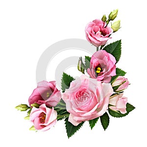 Pink roses and eustoma flowers and buds in a floral corner arrangement