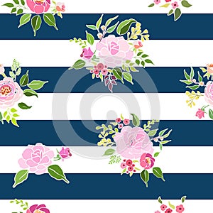 Pink roses floral design bouquets and foliage pastel blue and white stripes seamless pattern