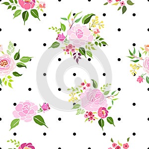 Pink roses floral design bouquets and foliage pastel over small black polka dot background seamless pattern