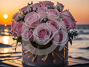 Pink roses flower bouquet on the beach at sunset