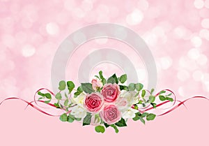 Pink roses, freesia flowers, eucalyptus leaves and satin ribbons