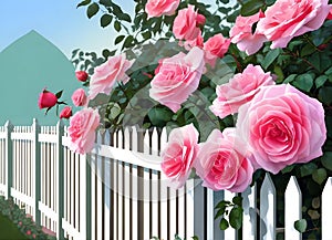 Pink roses in front of white picket fence