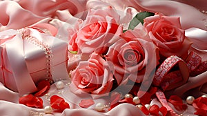 Pink roses and an gift wrapped with a ribbon lie on satin fabric, surrounded by pearls and rose petals, creating a