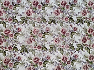 Pink roses with green leaves wallpaper on white background