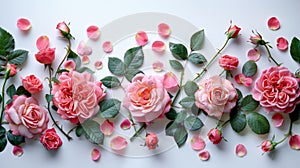 Pink Roses and Green Leaves on White Background