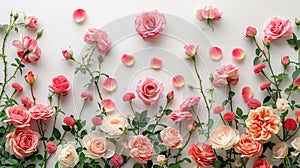 Pink Roses and Green Leaves on White Background