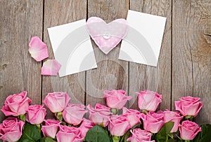 Pink roses, handmaded toy heart and valentines day blank greeting cards or photo frames
