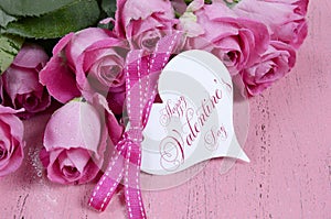 Pink Roses with Happy Valentines Day heart shape gift tag.