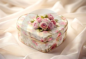 Pink Roses in Heart-Shaped Box on White Satin Fabric