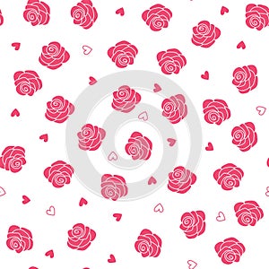 Pink roses and hearts scattering seamless vector pattern