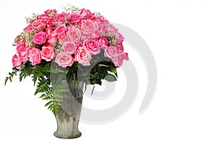 Pink Roses. Huge Bouquet in Glass Vase isolated on white