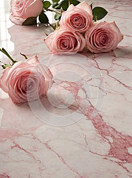 Pink roses lying on a pink and white reflective marble floor - background with text space