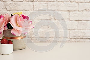 Pink Roses Mock Up. Styled Photography. Brick Wall Product Display. Strawberries On White Desk. Vase With Pink Roses. Fashion Life