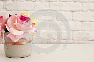 Pink Roses Mock Up. Styled Photography. Brick Wall Product Display. White Desk. Vase With Pink Roses. Fashion Lifestyle