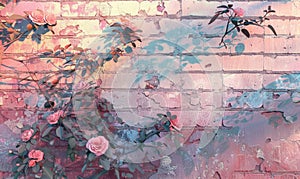 Pink roses on old white brick wall background with grunge texture. Copy space for text