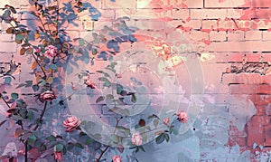 Pink roses on old white brick wall background with grunge texture. Copy space for text