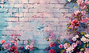 Pink roses on old white brick wall background with grunge texture. Copy space for text