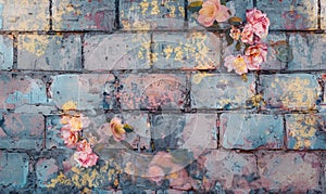 Pink roses on old white brick wall background with grunge texture. Copy space for text