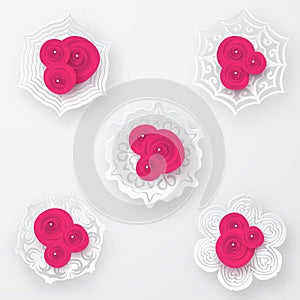 Pink roses with paper snowflakes and pearls beads pecomposition on white background. Heart symbol. Romantic background . St