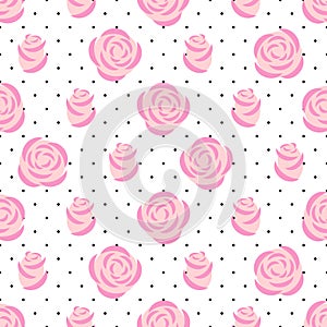 Pink roses pattern on polka dots background.