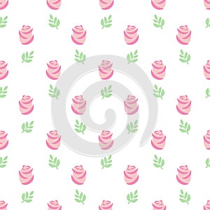Pink roses pattern. Seamless wallpaper pink roses with leaves on white background.