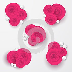 Pink roses with pearls beads composition on white background. Heart symbol. Romantic background . St. Valentine`s Day, 8 m