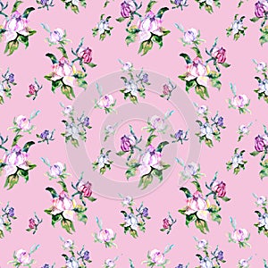 Pink roses and peonies with green leaves on the pink background. Seamless pattern. Romantic garden flowers illustration.