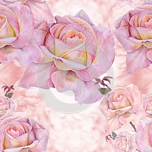 Pink roses - seamless pattern. Garden flowers on a watercolor background. Botanical drawing