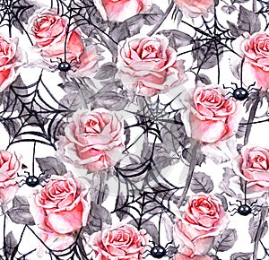 Pink roses, spiders, webs. Halloween repeating background. Watercolor