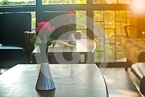 Pink roses on the table, the concept of love and hearts on Valentine& x27;s Day.