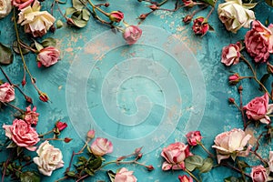 Pink roses on turquoise textured background. Grunge banner. Top view with copy space