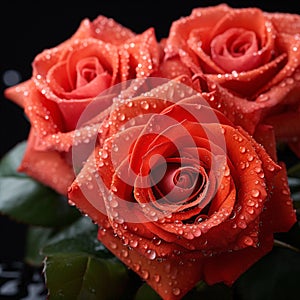 pink roses with water drops on dark background