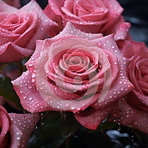 pink roses with water drops on dark background