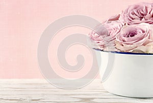 Pink roses in a white old vase