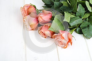 Pink roses on white wooden table