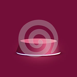 Pink round pedestal and neon light rim empty isolated on Pink background.