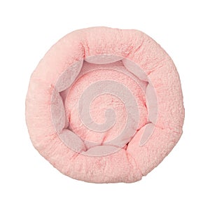 Pink round small dog cat bed for indoor pets isolated on white backgroud