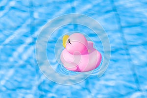 Pink rubber duck. Funny kids inflatable toy float in blue water of summer pool. Funny bird toy for kids.