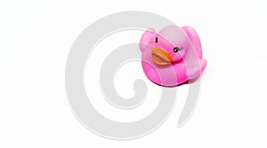 Pink rubber duck with orange beak isolated on a white background